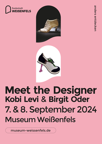 Veranstaltungsplakat. Meet the Designer Kobi Levis und Birgit Oder. schrille Kreationen und individuelle Schuhmode. Schuhwerke schuhgeworde Phantasien